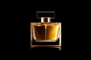 Elegant perfume bottle captured on a black background with a golden fragrance reflecting its luxurious essence and design qualities photo