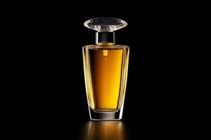 Elegant perfume bottle with golden liquid isolated on a black background, showcasing its refined design and luxurious essence photo