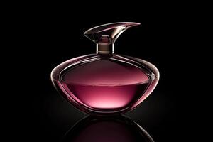 Elegant purple perfume bottle isolated against a sleek black background, showcasing its unique shape and design photo