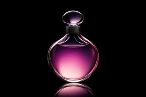 Elegant perfume bottle isolated against a black background showcasing its distinct contours and rich gradient of purple hues photo