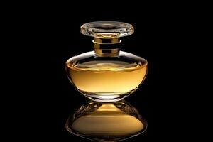 Elegant perfume bottle isolated on a black background showcasing its rich golden hue and sleek design photo