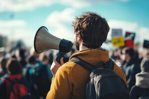 Person with a megaphone addresses a large crowd during a peaceful protest in an urban setting on a clear day photo