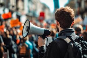A speaker addresses a large crowd with a megaphone during a rally in the city center on a sunny afternoon photo