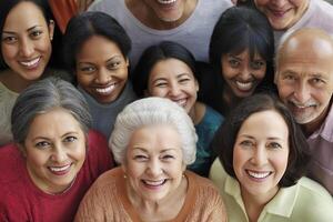 Happy group of diverse friends enjoying a joyful gathering at a community event in a sunny outdoor setting photo