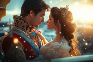 A fairytale couple shares a magical moment gazing at each other on a balcony during sunset photo