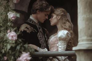Fairytale prince and princess share a tender moment while gazing at each other on a romantic balcony surrounded by blooming roses photo
