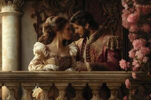 Fairytale princess and prince share a romantic moment on a balcony adorned with flowers during sunset in a magical castle environment photo