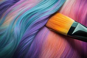 A professional stylist dyes hair with a color brush, showcasing artistic skill and vibrant hues in a salon setting photo