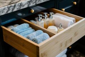 Luxury bathroom drawer filled with neatly arranged towels and high-end toiletries showcasing an elegant lifestyle photo