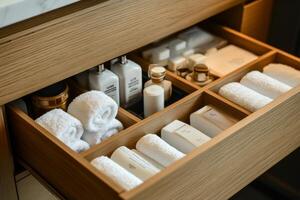 Organized bathroom drawer filled with luxury toiletries and neatly folded towels for a stylish and clean living space photo