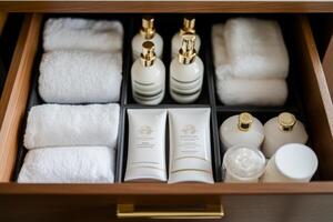 Neatly organized bathroom drawer with luxury toiletries and towels for an elegant lifestyle photo