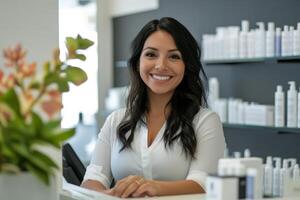 Smiling Hispanic receptionist at a beauty salon with product displays during the day photo
