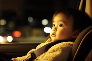 A young child in a car seat enjoys a safe and cozy ride in the evening with soft lighting and a sense of warmth and protection photo