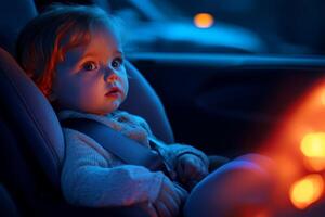 A young child safely seated in a car seat, captured in gentle lighting during a car ride, evoking a sense of warmth and protection photo