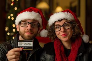 A festive couple in Santa hats excited for holiday shopping while holding a credit card in a cozy, decorated setting photo