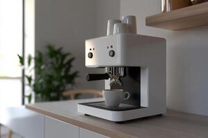 Modern espresso machine brewing a fresh cup of coffee in a cozy cafe atmosphere during the morning hours photo