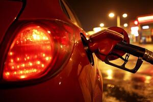 Red car being fueled at a gas station during the night, highlighting transportation and nighttime activities photo