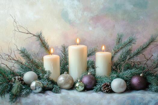 A calming holiday display with white candles, pine branches, and festive ornaments on a pastel background photo