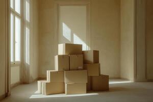Packed cardboard boxes stacked in a vacant beige apartment room with a window, capturing a moment of transition photo