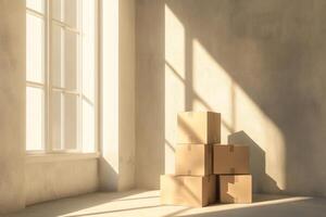 Packed cardboard boxes stacked in a bright, empty beige apartment with a large window letting in natural light photo