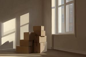 Packed cardboard boxes stacked in an empty beige apartment room with a window in the background photo