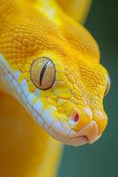 Close-up view of a yellow snake's eye showcasing intricate details against a softly blurred background photo