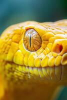 A close-up view of a yellow snake's eye against a softly blurred backdrop, capturing nature's intricate details and vibrant colors photo