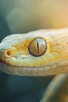 A close-up view of a yellow snake's eye highlighting intricate details in nature at dawn photo