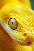 A close-up of a yellow snake's eye with intricate patterns and stunning details against a softly blurred background in natural light photo
