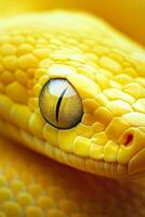 A close-up view of a striking yellow snake's eye showcasing intricate textures and patterns in a softly blurred background setting photo