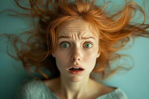 Woman with windblown hair looks fearful while lying on a surface in a dimly lit room during uncertain times photo
