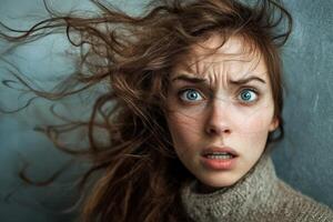 A woman with windblown hair expresses fear while standing against a textured background during a stormy day photo