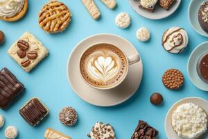 Aerial view of a cup of coffee surrounded by an array of desserts on a bright blue background ideal for text placement photo