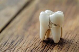 A broken tooth with visible decay requiring treatment on a wooden surface, highlighting dental health concerns photo