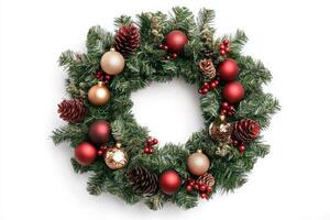 Close-up of a festive Christmas wreath adorned with ornaments and pine cones for joyful holiday decoration photo
