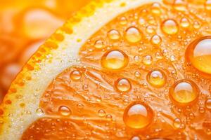 Close-up of a fresh orange slice glistening with juice droplets, showcasing its vibrant color and texture during morning light photo