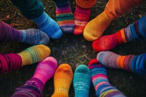 Colorful socks creatively arranged in a circular pattern symbolizing unity and togetherness in a vibrant outdoor setting photo