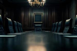 A large boardroom meeting table with empty chairs ready for directors' discussion in a corporate office setting photo