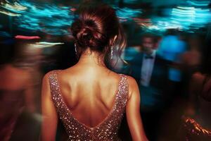 An elegant woman in a sequined dress enjoys the lively atmosphere of a bustling dance floor at a vibrant evening party photo