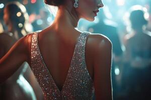 Elegant woman in sequined dress dancing on a lively dance floor at a glamorous evening party photo
