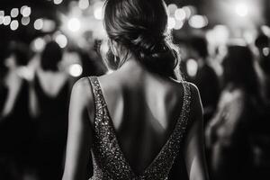 An elegant woman in a sequined dress enjoys a vibrant night on a crowded dance floor filled with lively partygoers photo