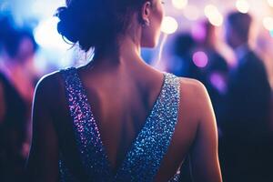 Elegant woman in a sequined dress enjoys the vibrant atmosphere of a crowded dance floor during a lively evening event photo
