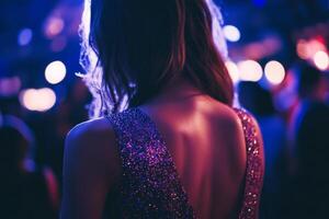 An elegant woman in a sequined dress enjoying an evening on a lively dance floor surrounded by a vibrant crowd at a glamorous event photo