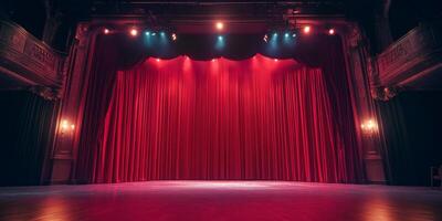A beautifully lit theater stage with red curtains prepared for a dramatic performance in a classic venue, inviting the audience to anticipate photo