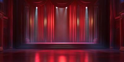 An empty theater stage adorned with red curtains and dramatic lighting sets the scene for an upcoming performance at night photo