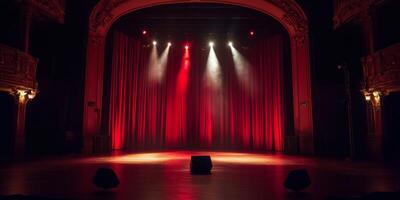 Empty theater stage with red curtains and dramatic uplighting ready for an evening performance photo