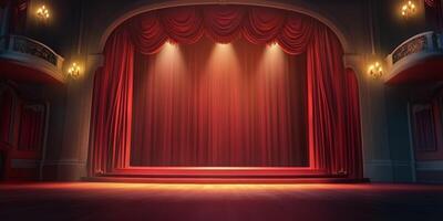 Empty theater stage with vibrant red curtains illuminated by dramatic lighting, setting the mood for a captivating performance photo