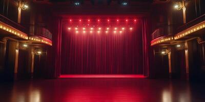 Dramatic empty theater stage with red curtains and spotlight ready for a captivating performance photo