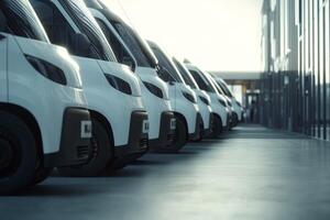 White electric vans for fleet management lined up at a commercial dealership during daylight hours photo
