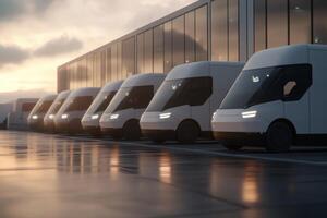 Electric vans lined up at a dealership showcasing fleet management solutions during twilight hours photo